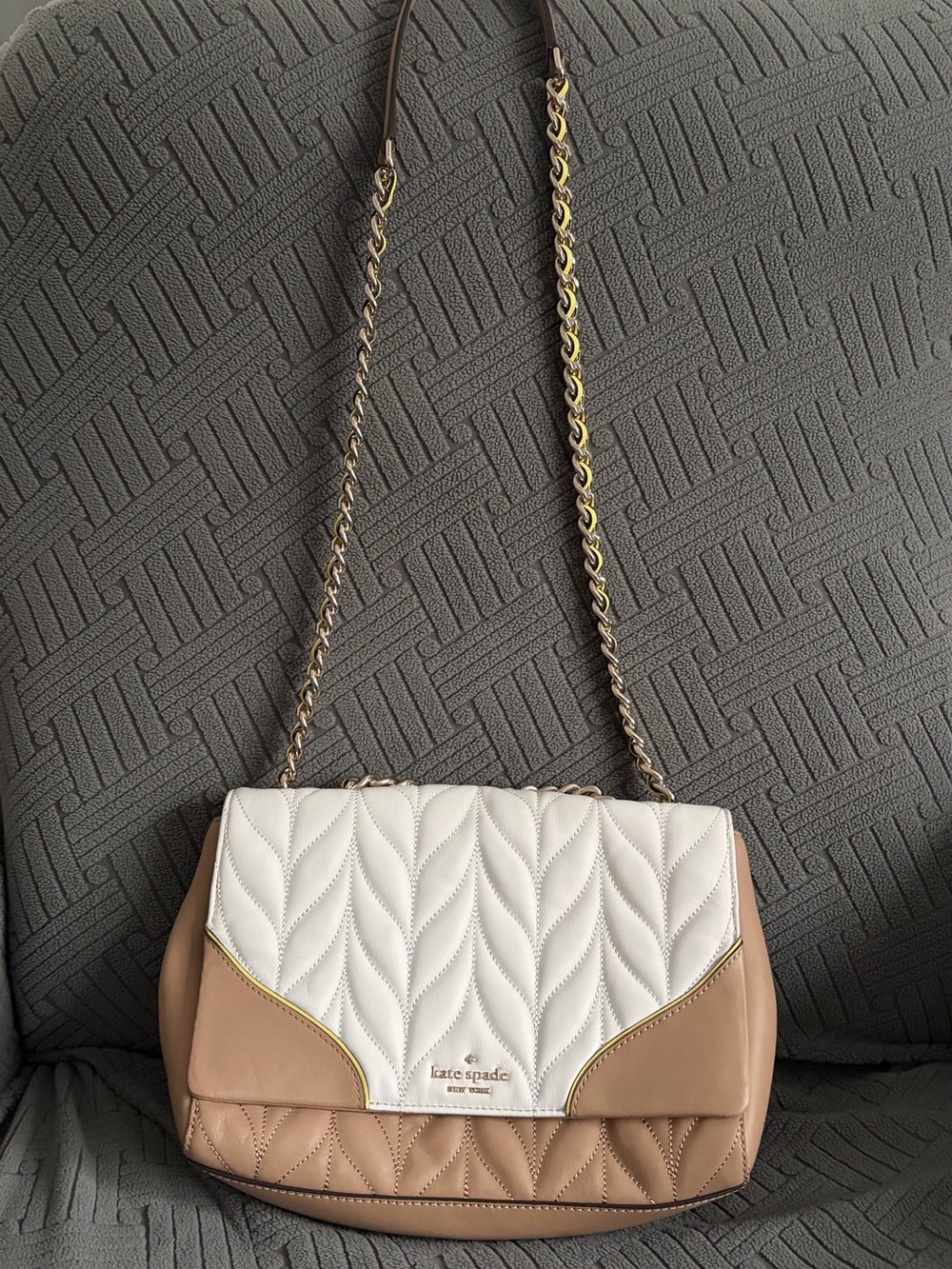 kate spade Two-Tone Quilted Shoulder Bag in White and Tan with Gold Hardware